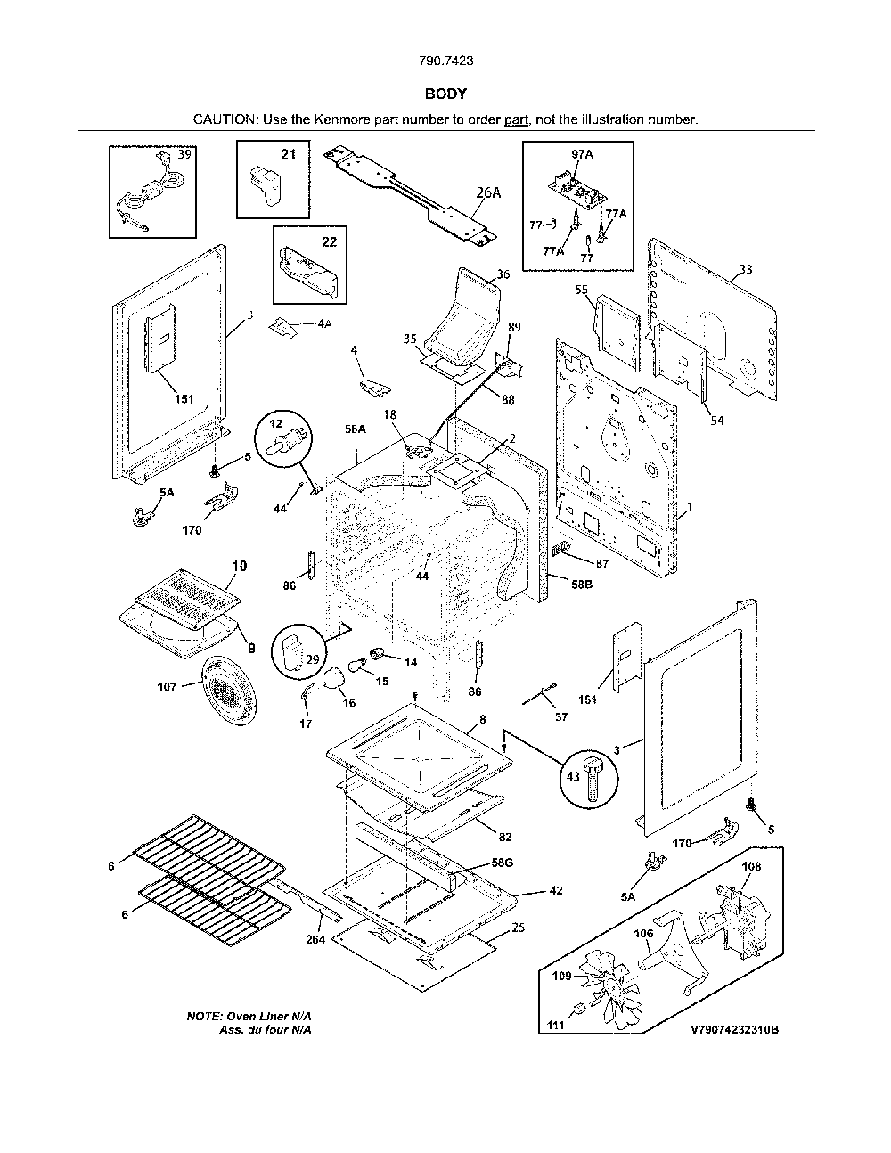 Body Diagram and Parts List for 79074239315  Kenmore Range