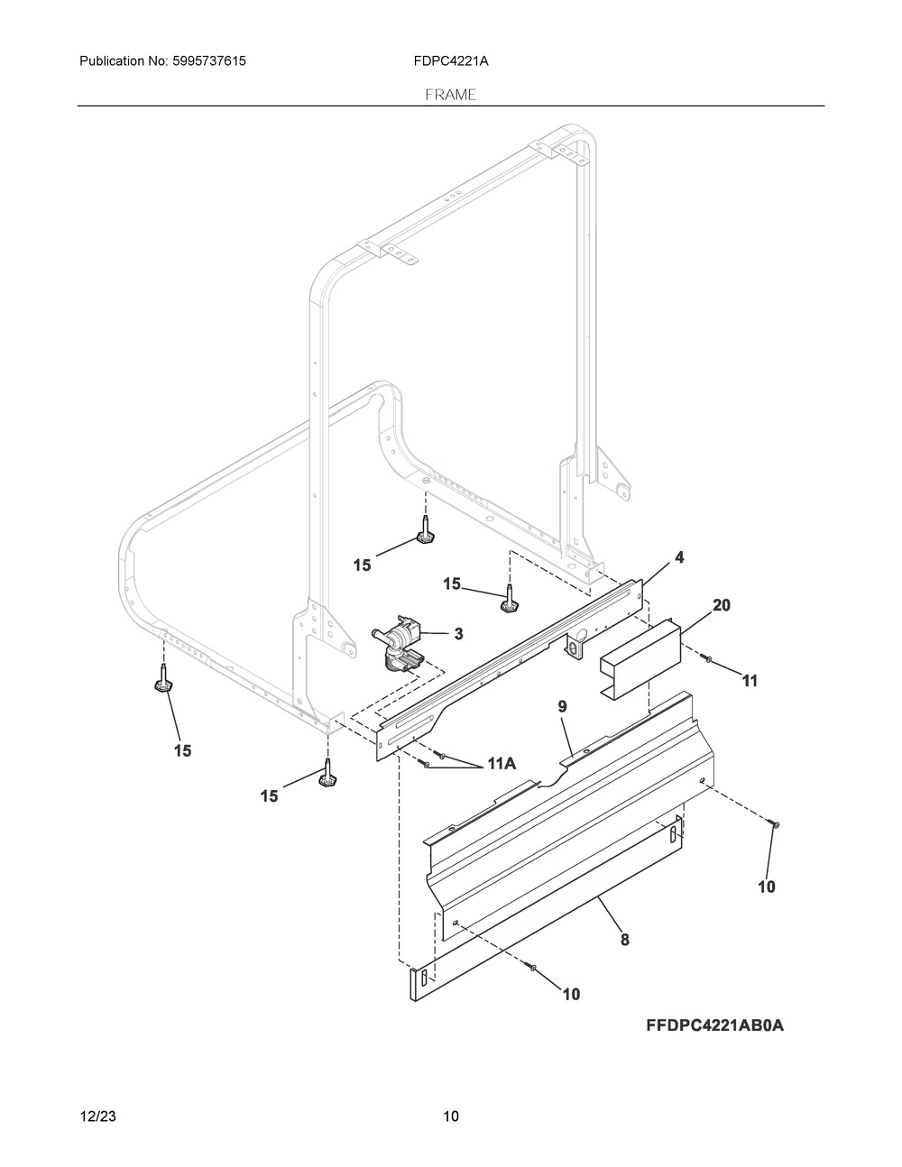 Frame Diagram and Parts List for FDPC4221AB3A  Frigidaire Dishwasher
