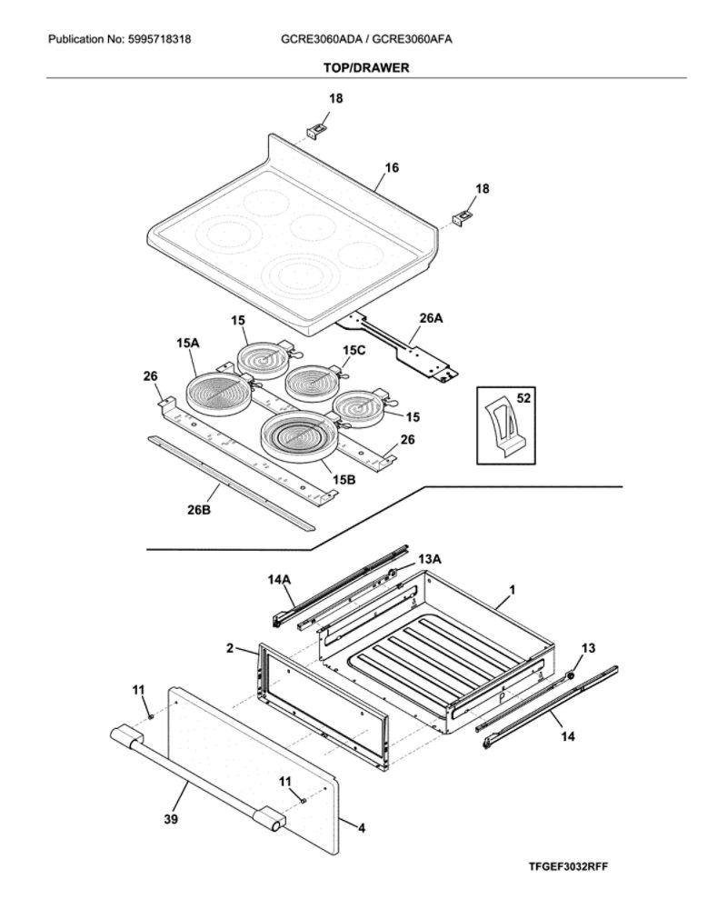 Top/Drawer Diagram and Parts List for GCRE3060ADA  Frigidaire Range
