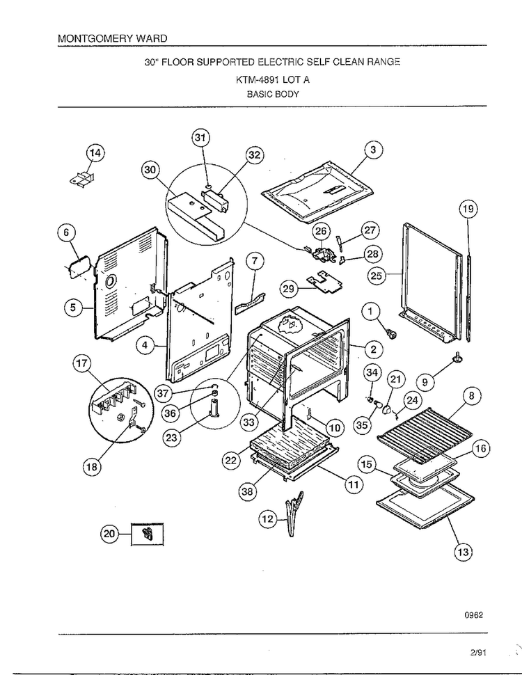 Basic Body Diagram and Parts List for 4891A  Frigidaire Range