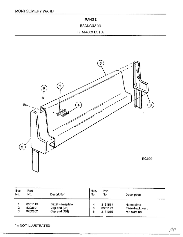 Range Backguard Diagram and Parts List for 4809A  Frigidaire Range
