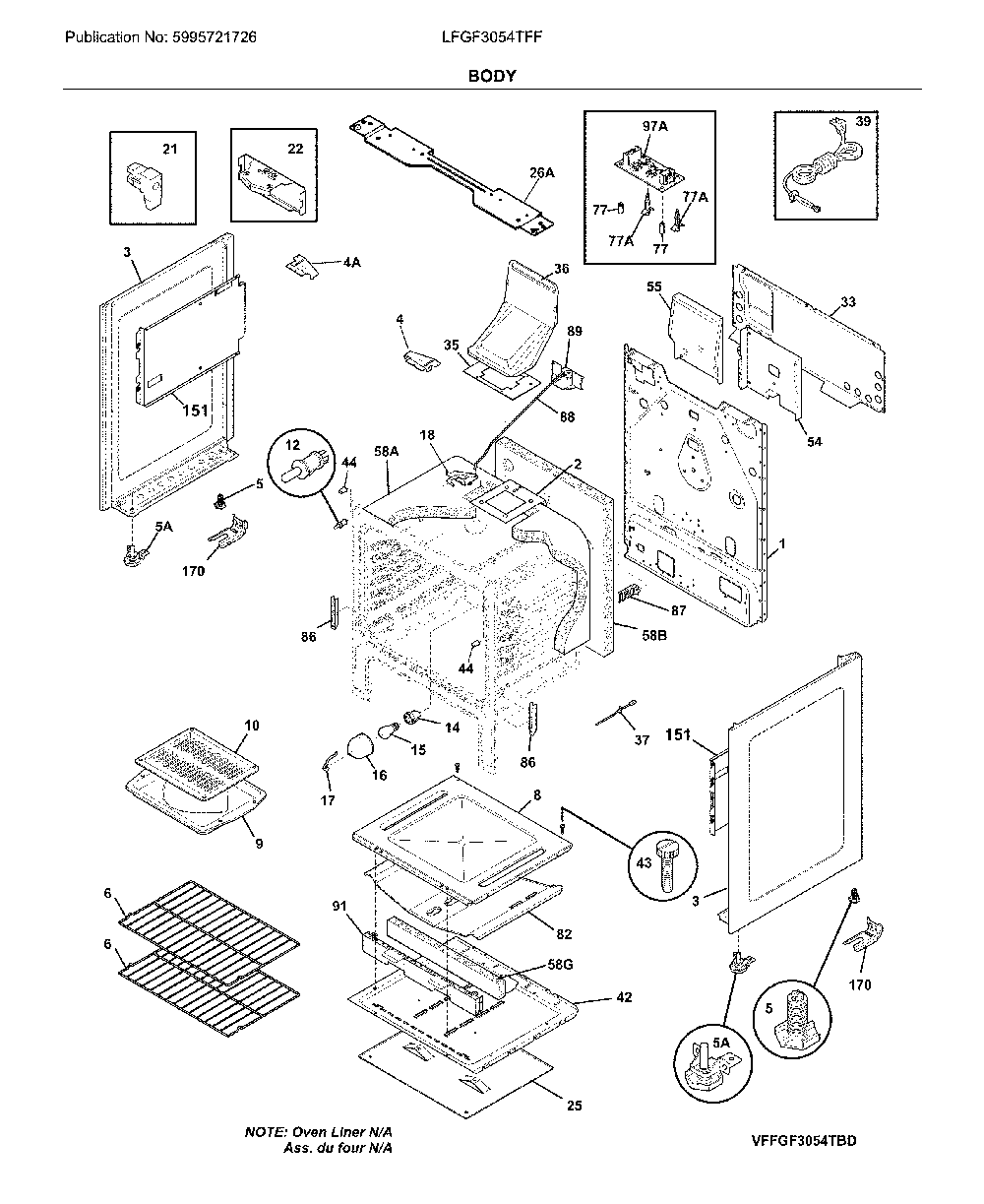 Body Diagram and Parts List for LFGF3054TFF  Frigidaire Range