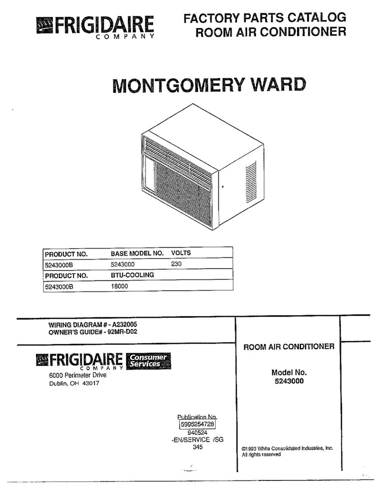 Air Conditioner Front Cover Diagram and Parts List for 5243000B  Frigidaire Air Conditioner