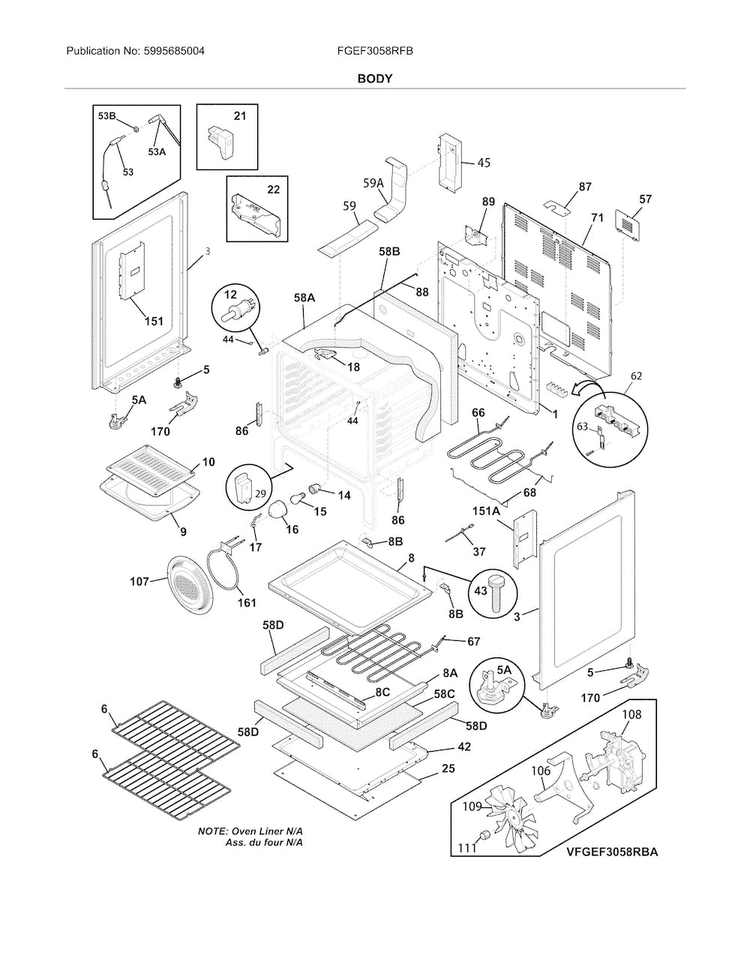Body Diagram and Parts List for FGEF3058RFB  Frigidaire Range