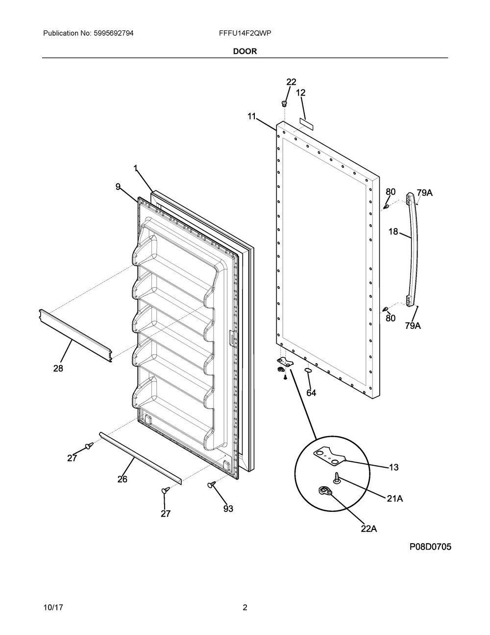 Door Diagram and Parts List for FFFU14F2QWP  Frigidaire Freezer