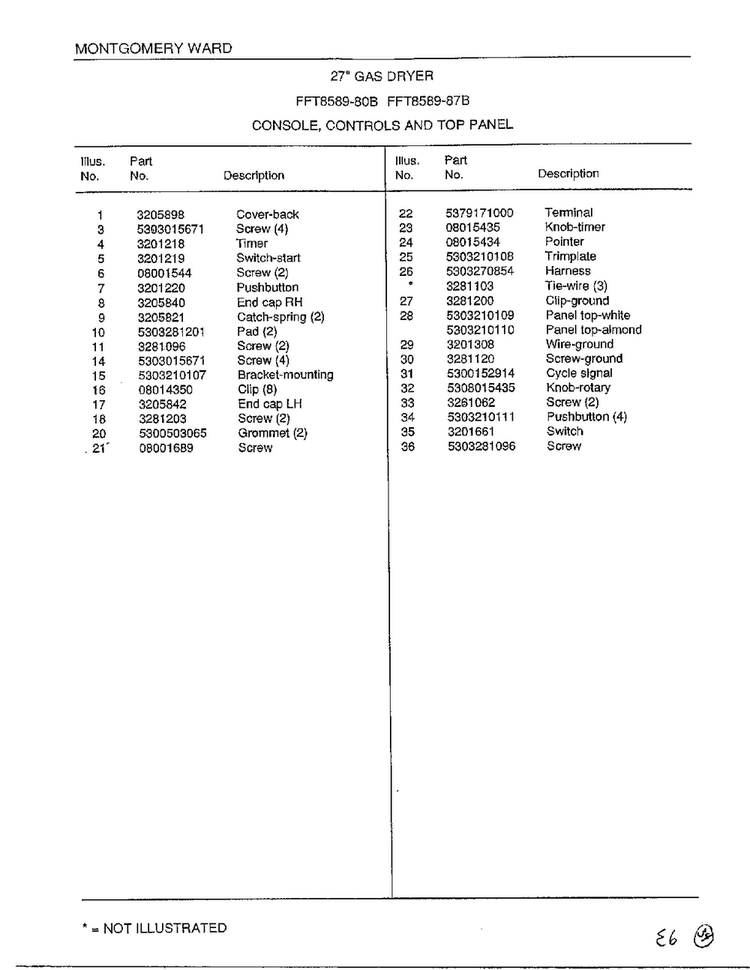 Console/controls/top Panel Page 2 Diagram and Parts List for 8589-87B  Frigidaire Dryer