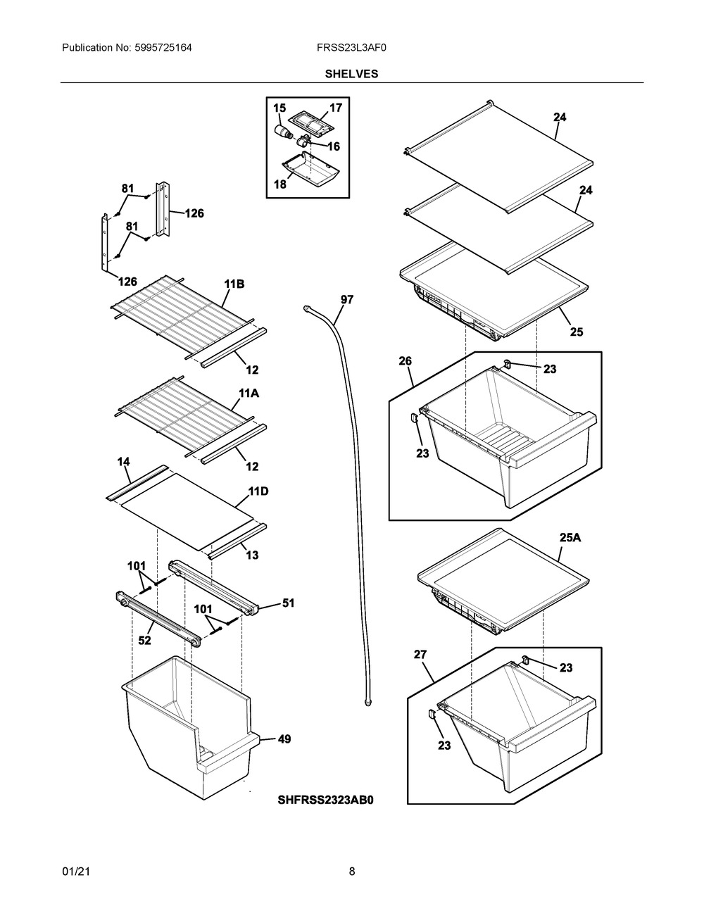 Shelves Diagram and Parts List for FRSS23L3AF0  Frigidaire Refrigerator