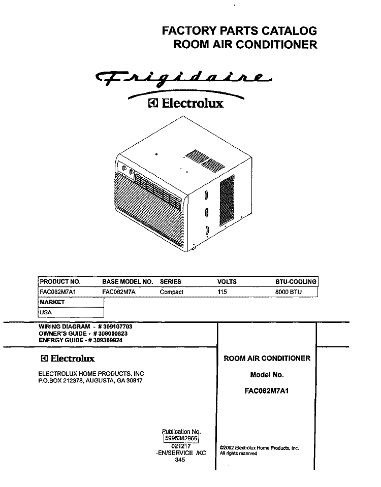 COVER Diagram and Parts List for FAC082M7A1  Frigidaire Air Conditioner