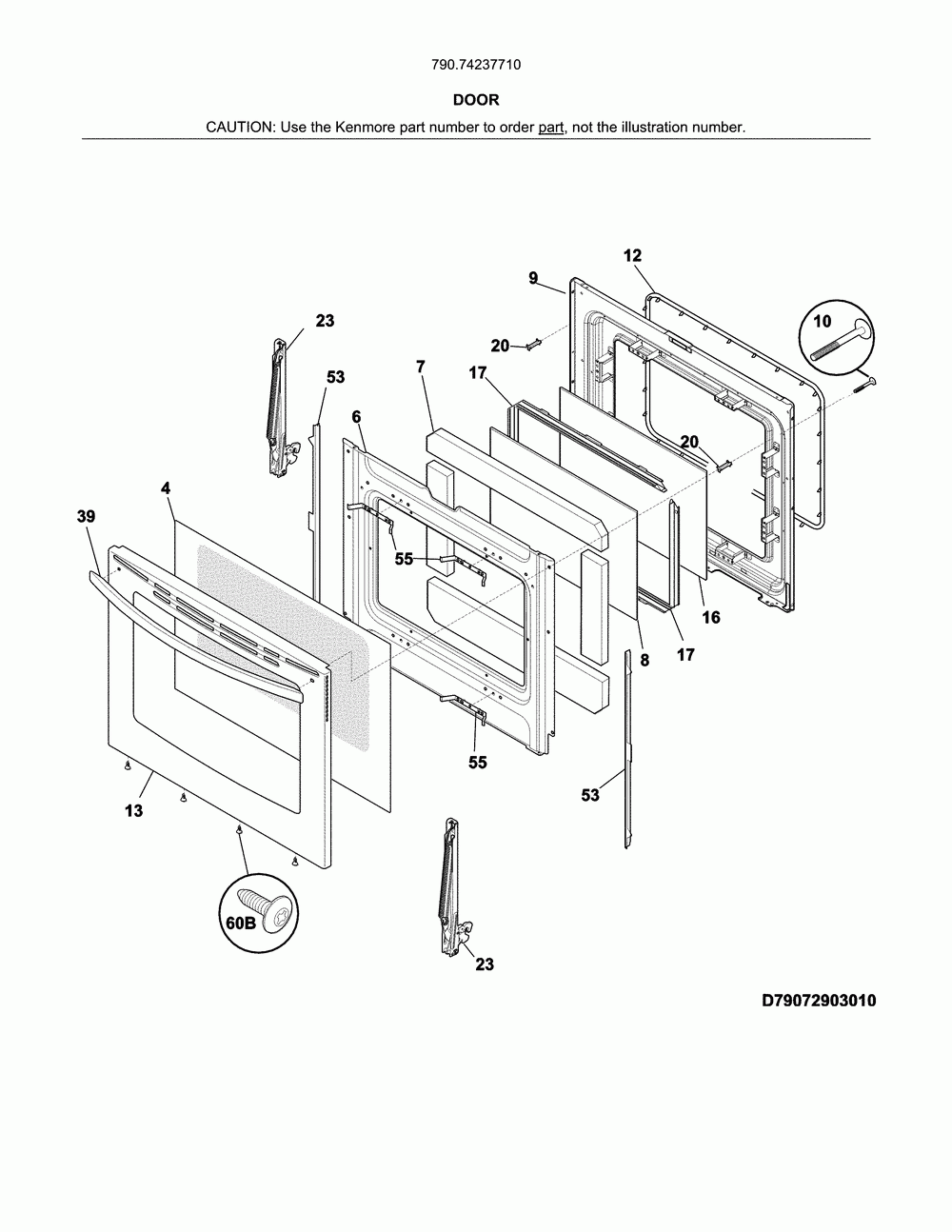 Door Diagram and Parts List for 79074237710  Kenmore Range