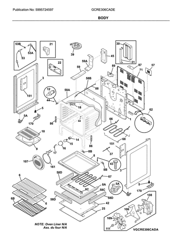 Body Diagram and Parts List for GCRE306CADE  Frigidaire Range