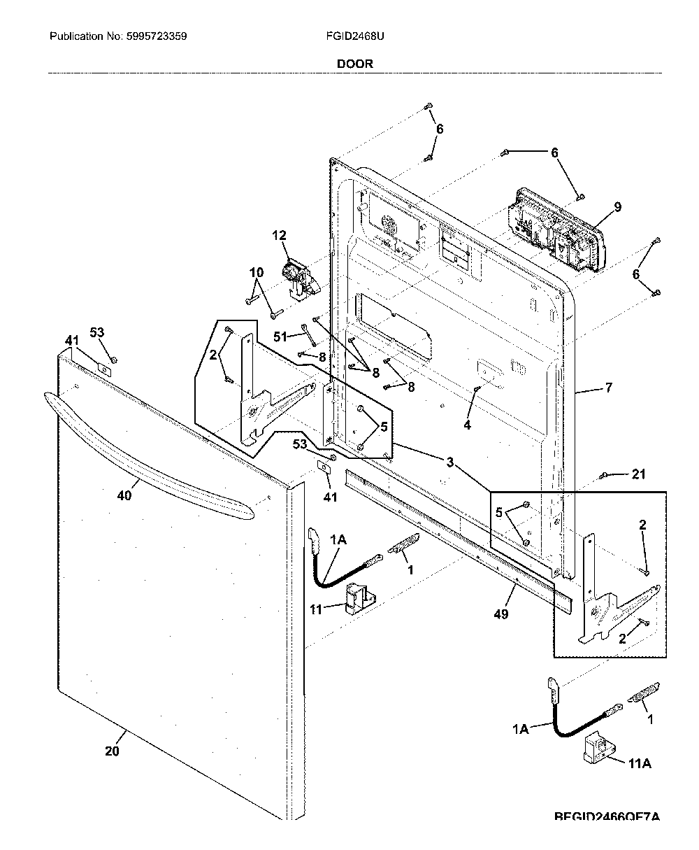 Door Diagram and Parts List for FGID2468UF1A  Frigidaire Dishwasher