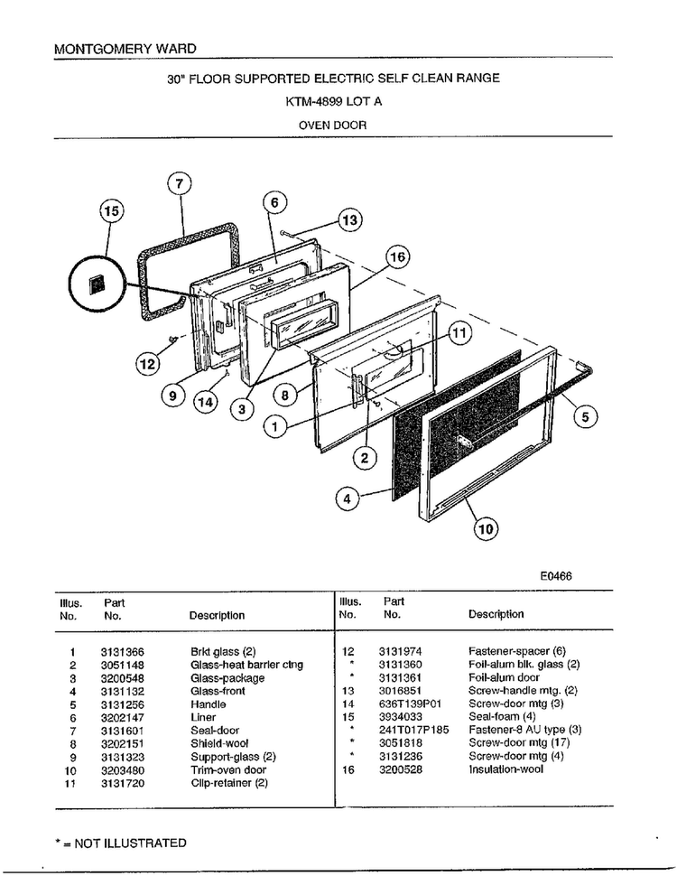 Oven Door Diagram and Parts List for 4899A  Frigidaire Range