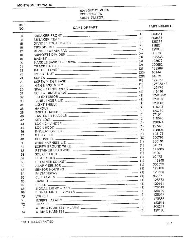 Chest Freezer Page 2 Diagram and Parts List for 89967-7A  Frigidaire Freezer