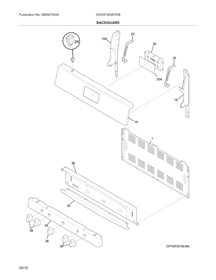 Backguard Diagram and Parts List for WWGF3008TWB  Westinghouse Range