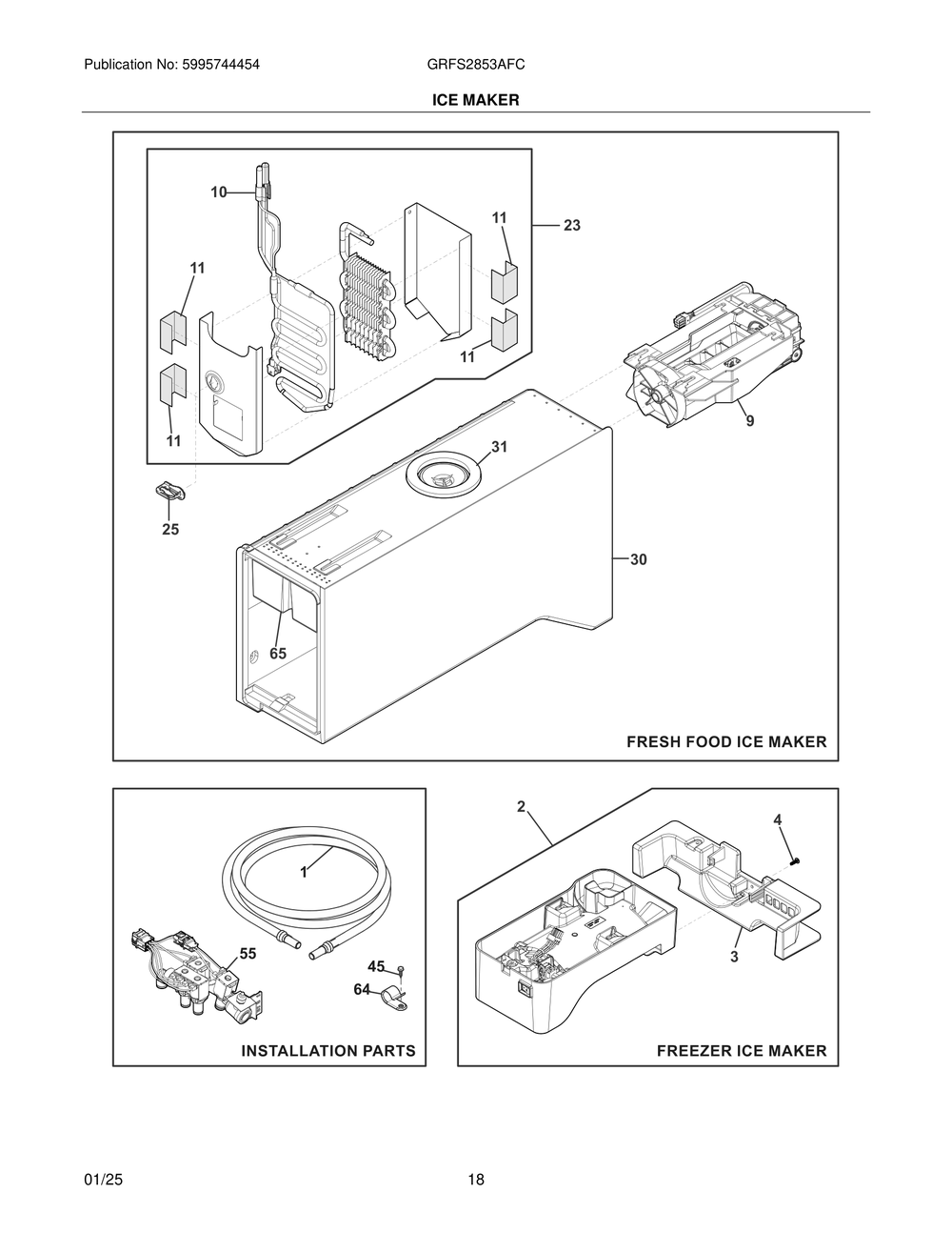 Ice Maker Diagram and Parts List for GRFS2853AFC  Frigidaire Freezer