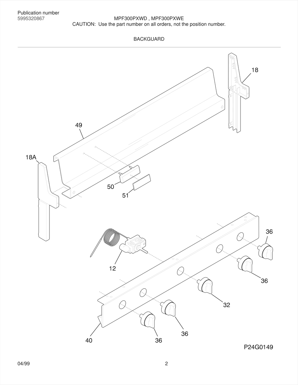 Backguard Diagram and Parts List for MPF300PXWD  Frigidaire Range