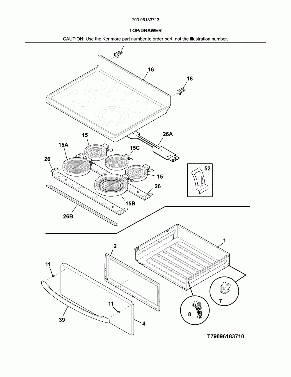 Top/drawer Diagram and Parts List for 79096183713  Kenmore Range