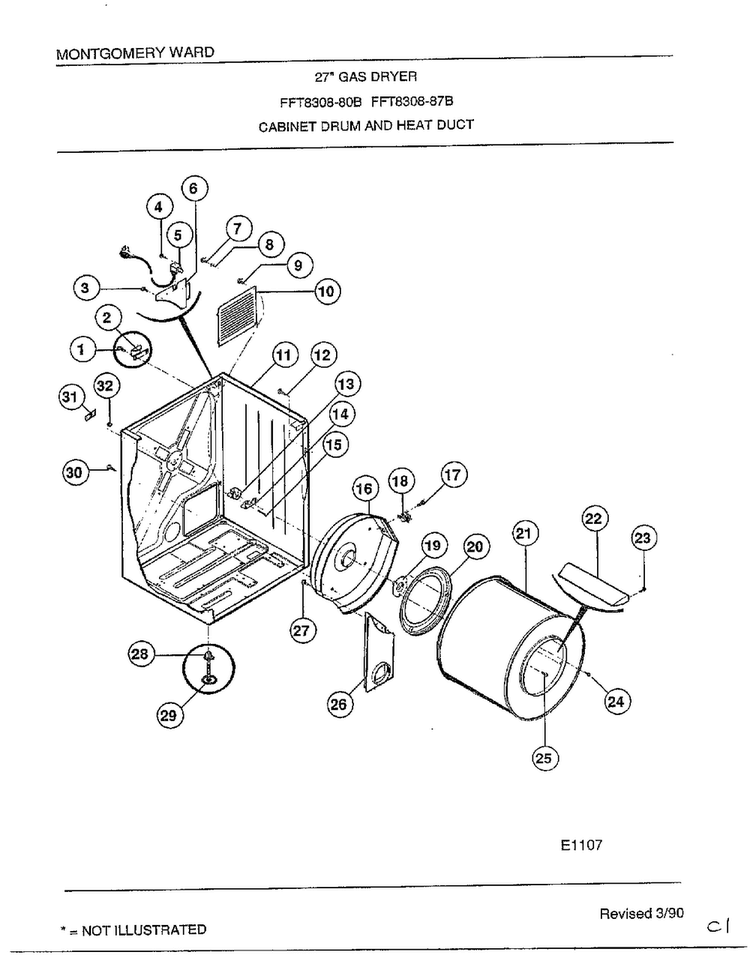 Cabinet Drum And Heat Duct Diagram and Parts List for 7308B  Frigidaire Dryer
