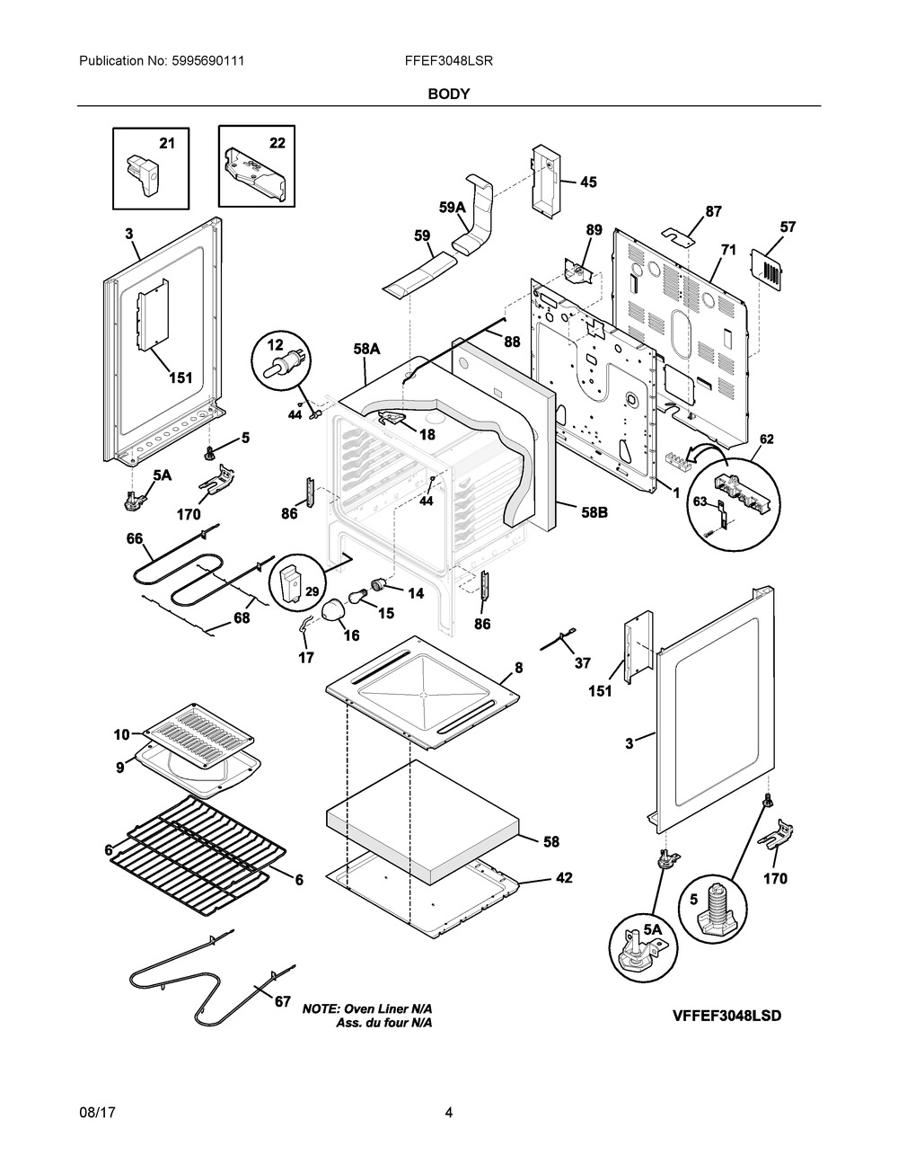 Body Diagram and Parts List for FFEF3048LSR  Frigidaire Range