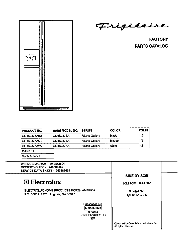 COVER Diagram and Parts List for GLRS237ZAW2  Frigidaire Refrigerator