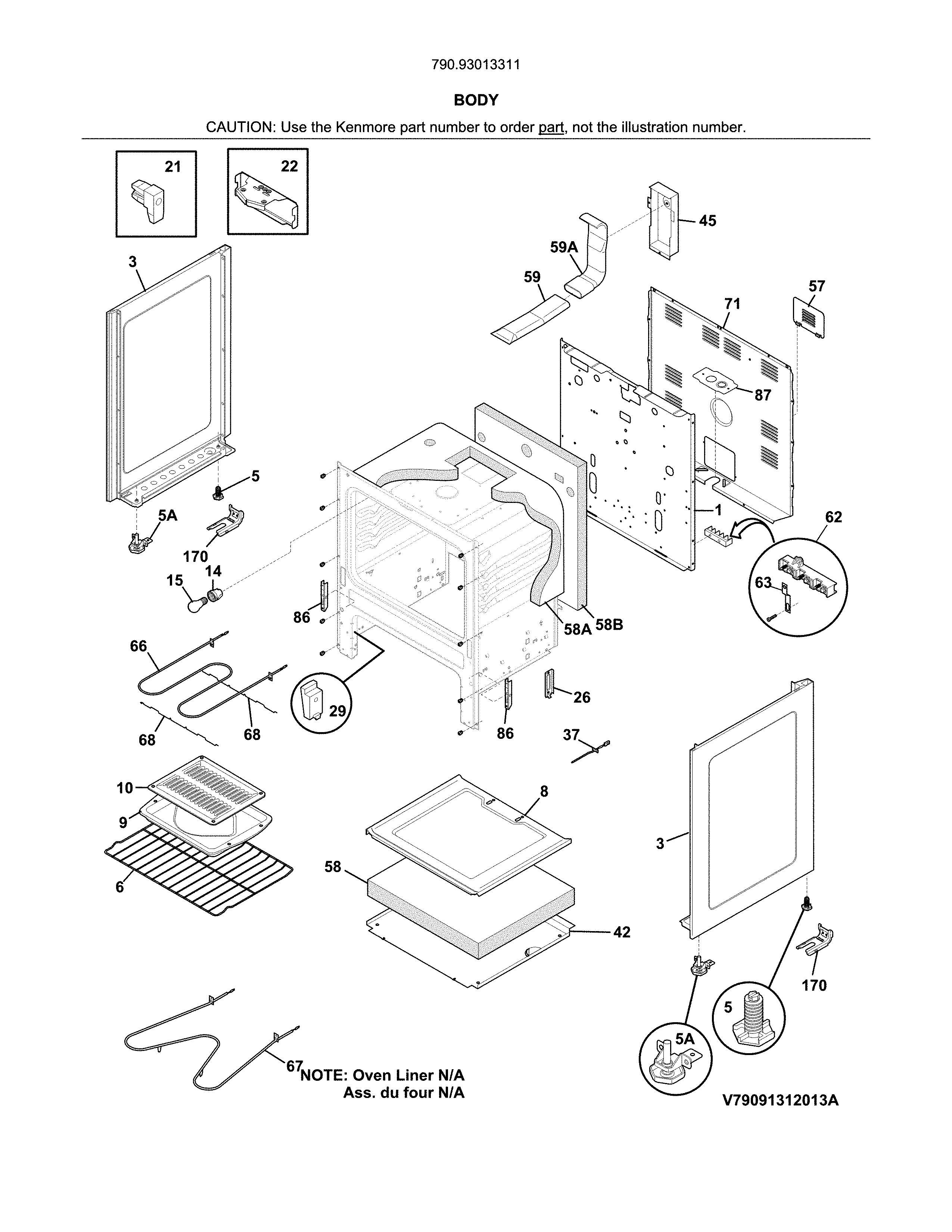 Body Diagram and Parts List for 79093013311  Kenmore Range
