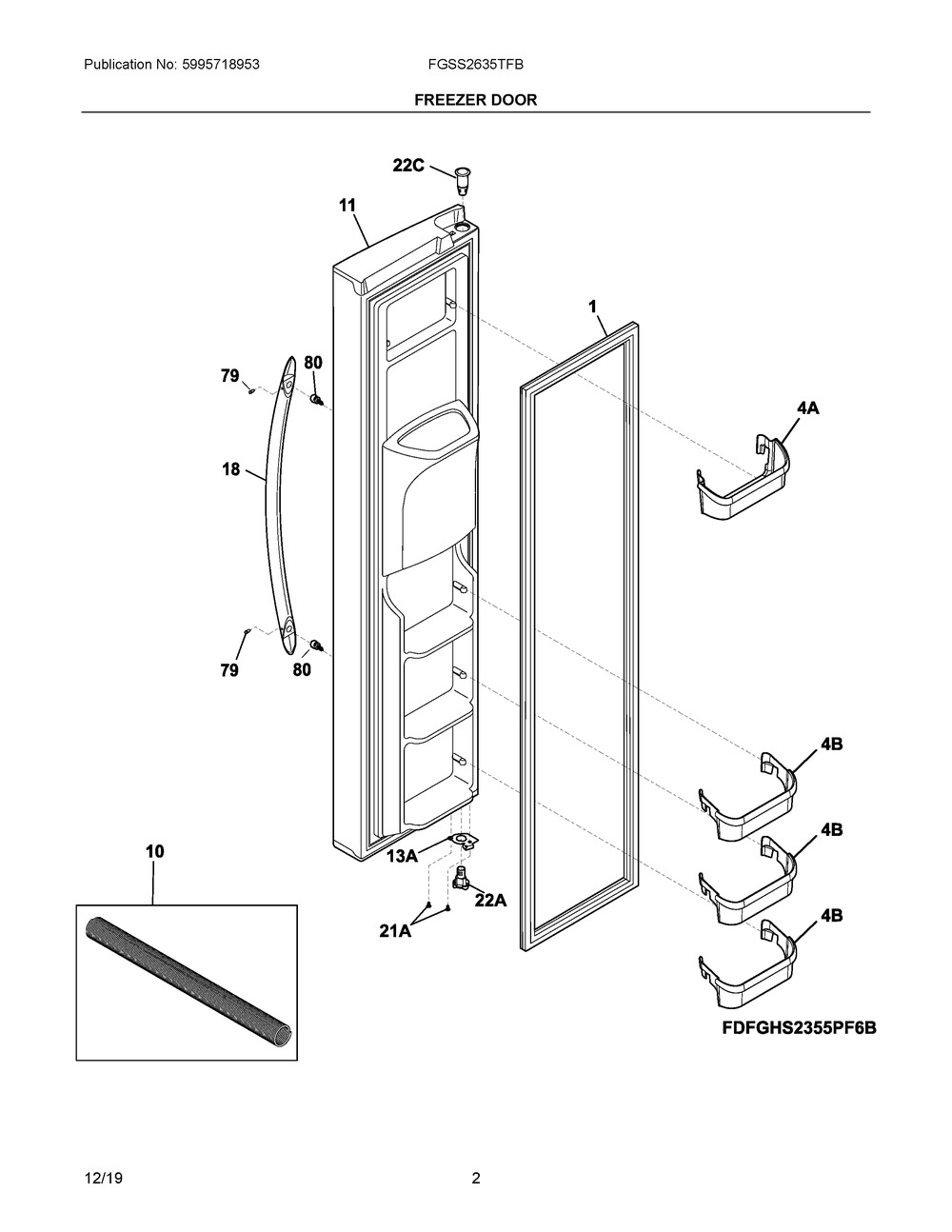 Freezer Door Diagram and Parts List for FGSS2635TFB  Frigidaire Refrigerator