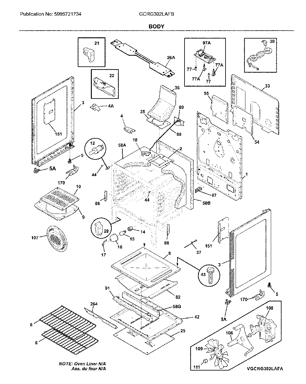 Body Diagram and Parts List for GCRG302LAFB  Frigidaire Range