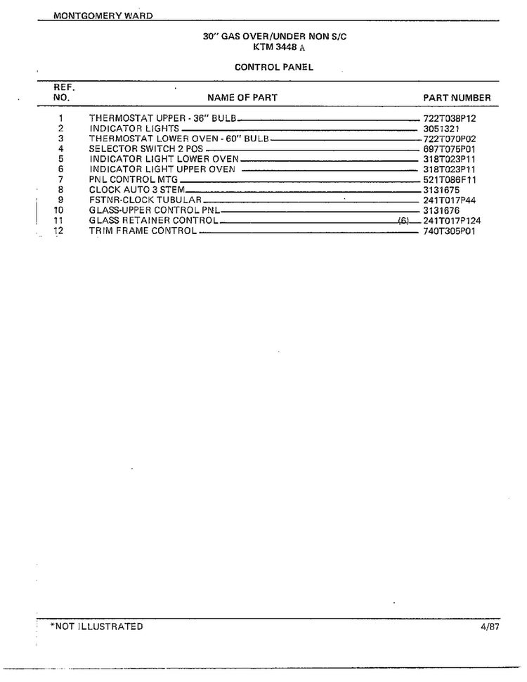 30" Gas Over/under Control Panel Page 2 Diagram and Parts List for 3448A  Frigidaire Range