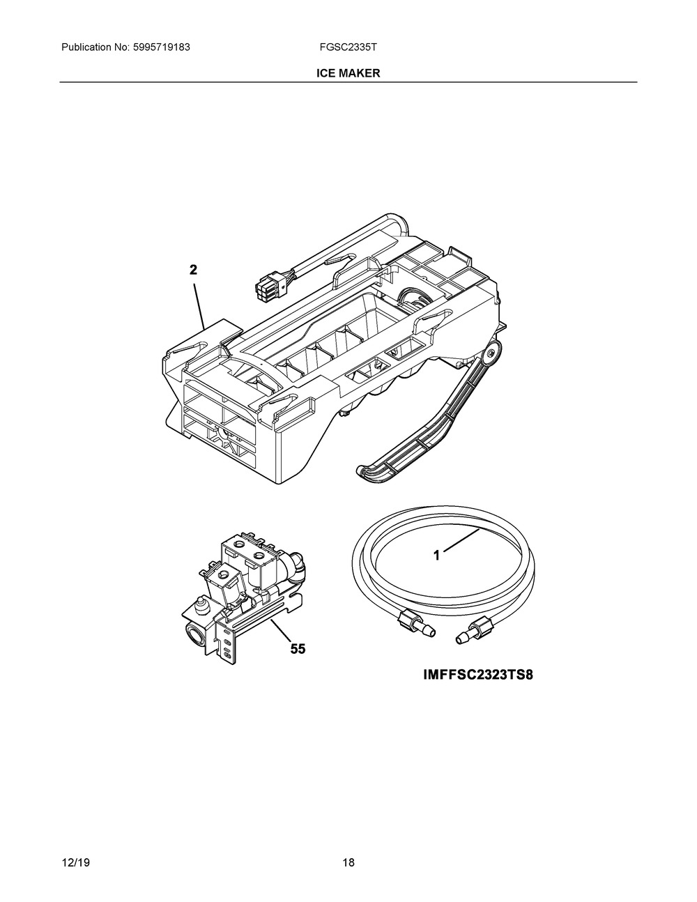 Ice Maker Diagram and Parts List for FGSC2335TDB  Frigidaire Refrigerator