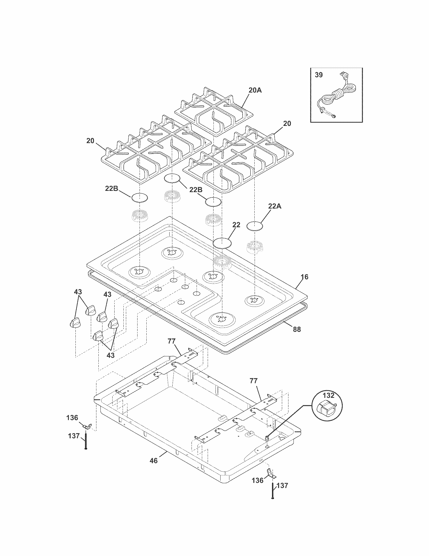 Cooktop Diagram and Parts List for 79032432903  Kenmore Cooktop