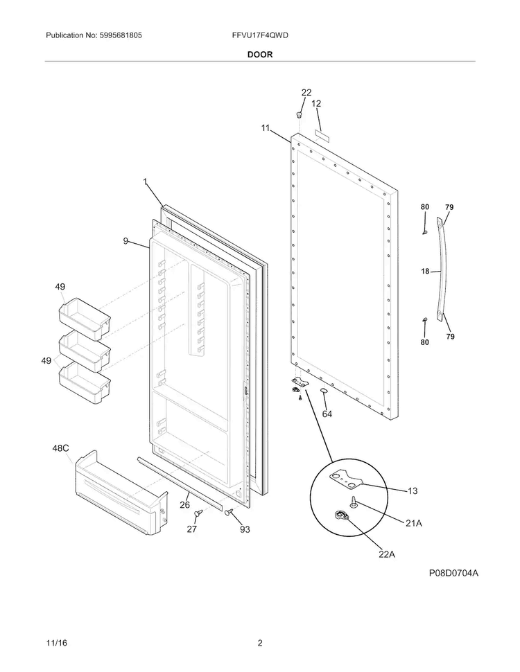 Door Diagram and Parts List for FFVU17F4QWD  Frigidaire Freezer