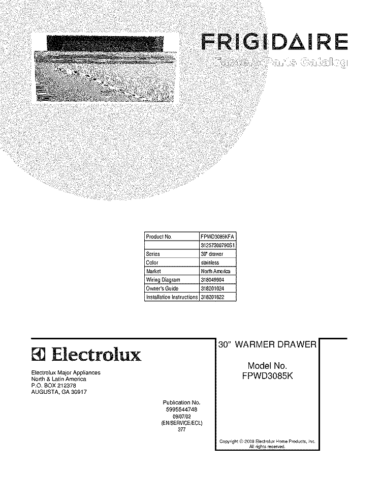 COVER Diagram and Parts List for FPWD3085KFA  Frigidaire Warming Drawer