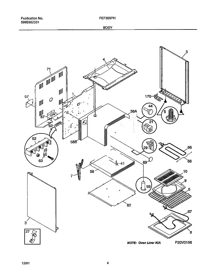 BODY Diagram and Parts List for FEF305PHWC  Frigidaire Range