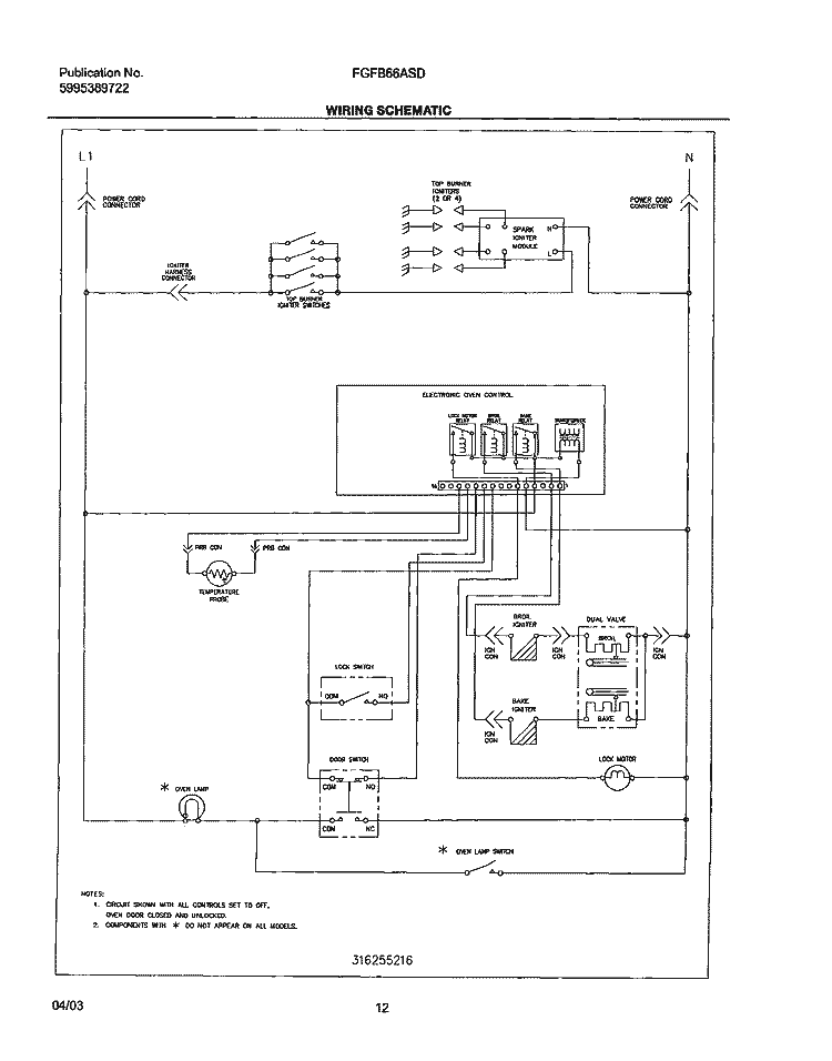 WIRING SCHEMATIC Diagram and Parts List for FGFB66ASD  Frigidaire Range