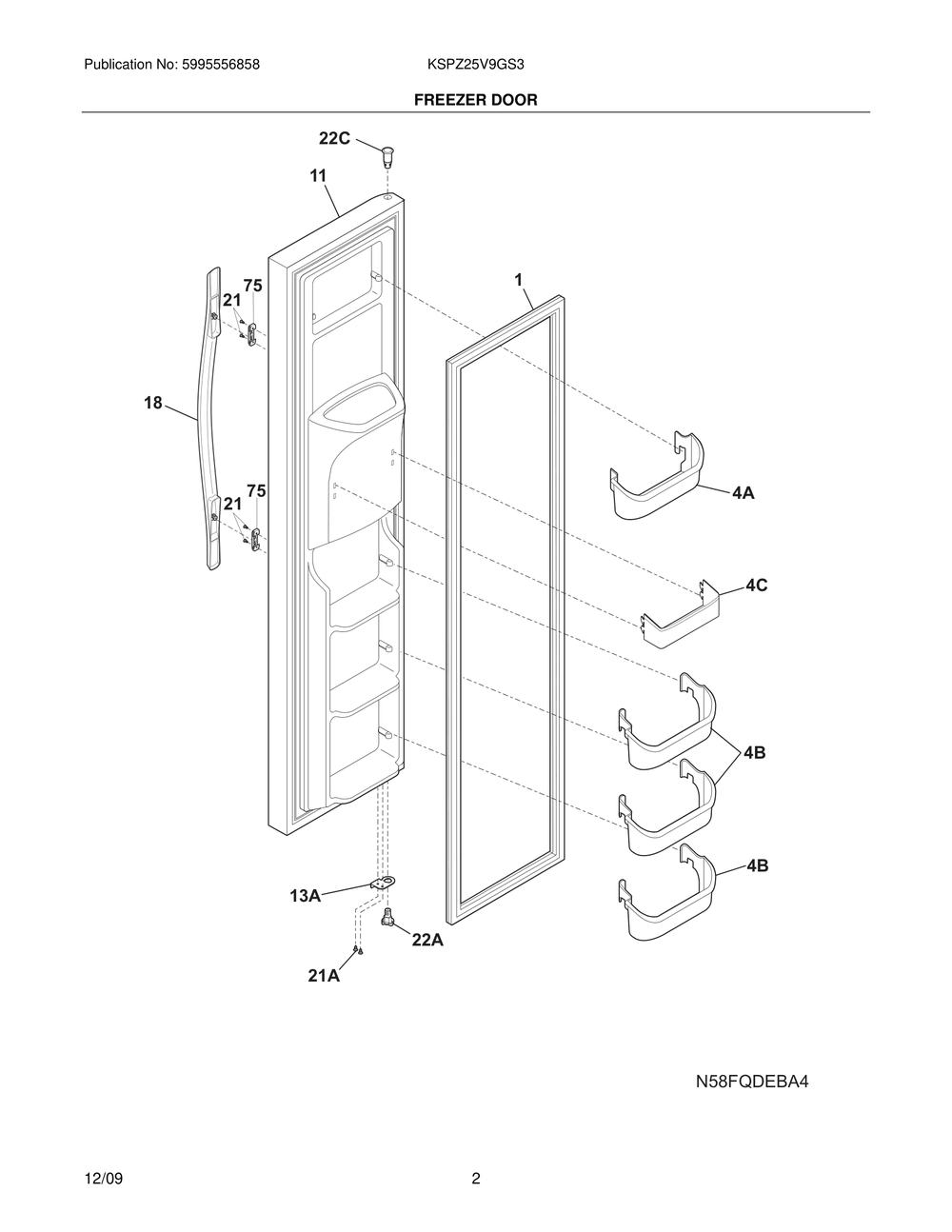 Freezer Door Diagram and Parts List for KSPZ25V9GS3  Frigidaire Refrigerator