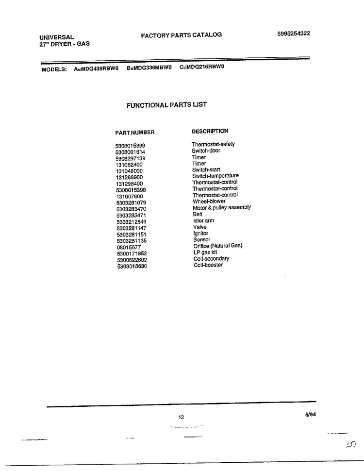 Functional Parts List Diagram and Parts List for MGD436RBW0  Frigidaire Dryer