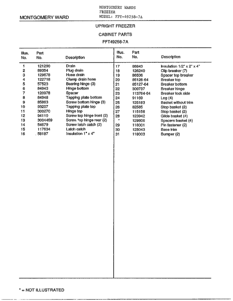 Upright Freezer/cabinet Parts Page 2 Diagram and Parts List for 49258-7A  Frigidaire Freezer