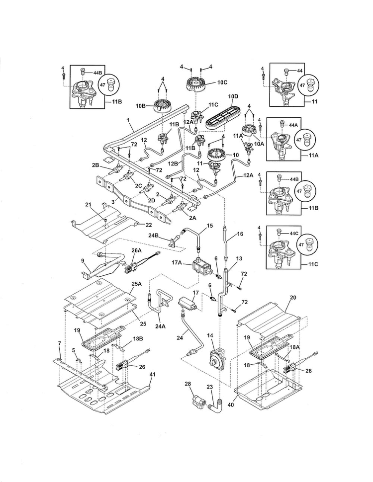 Burner Diagram and Parts List for FGGF304DLW3  Frigidaire Range
