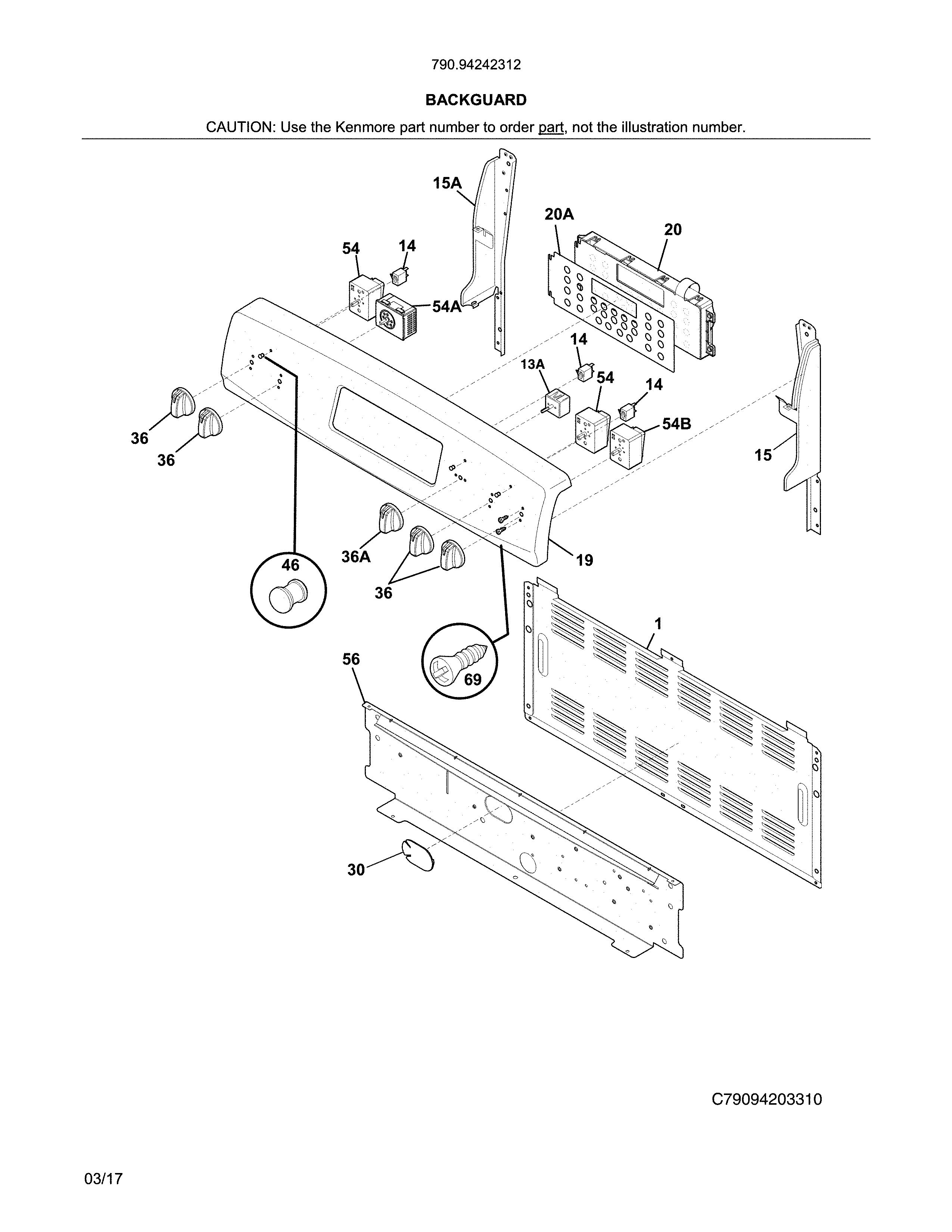 Backguard Diagram and Parts List for 79094242312  Kenmore Range
