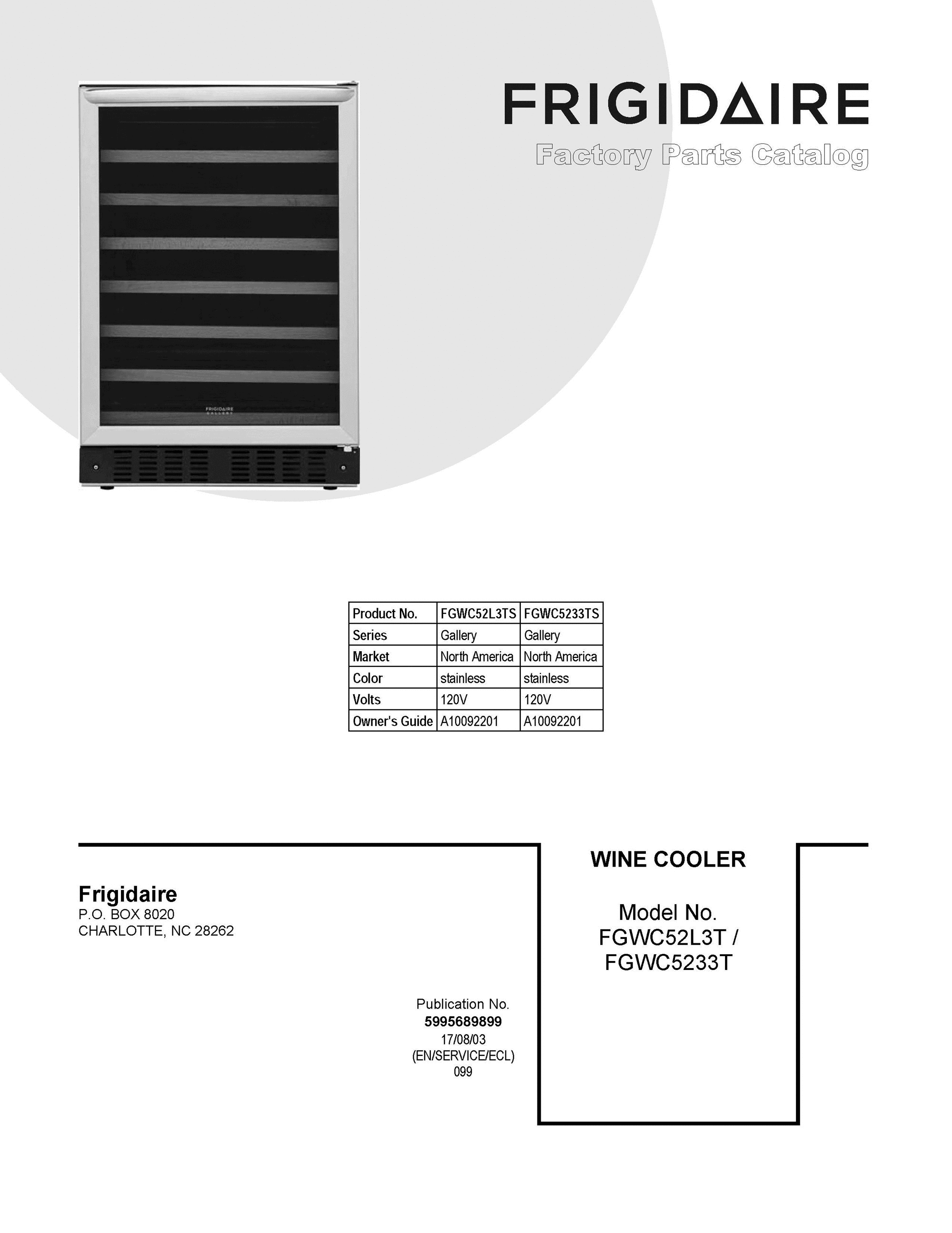 01 - COVER SHEET Diagram and Parts List for FGWC5233TS  Frigidaire Wine and Beverage Cooler