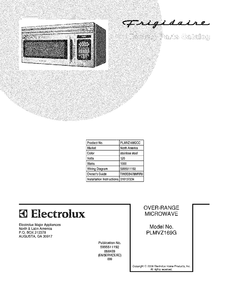 COVER Diagram and Parts List for PLMVZ169GCC  Frigidaire Microwave