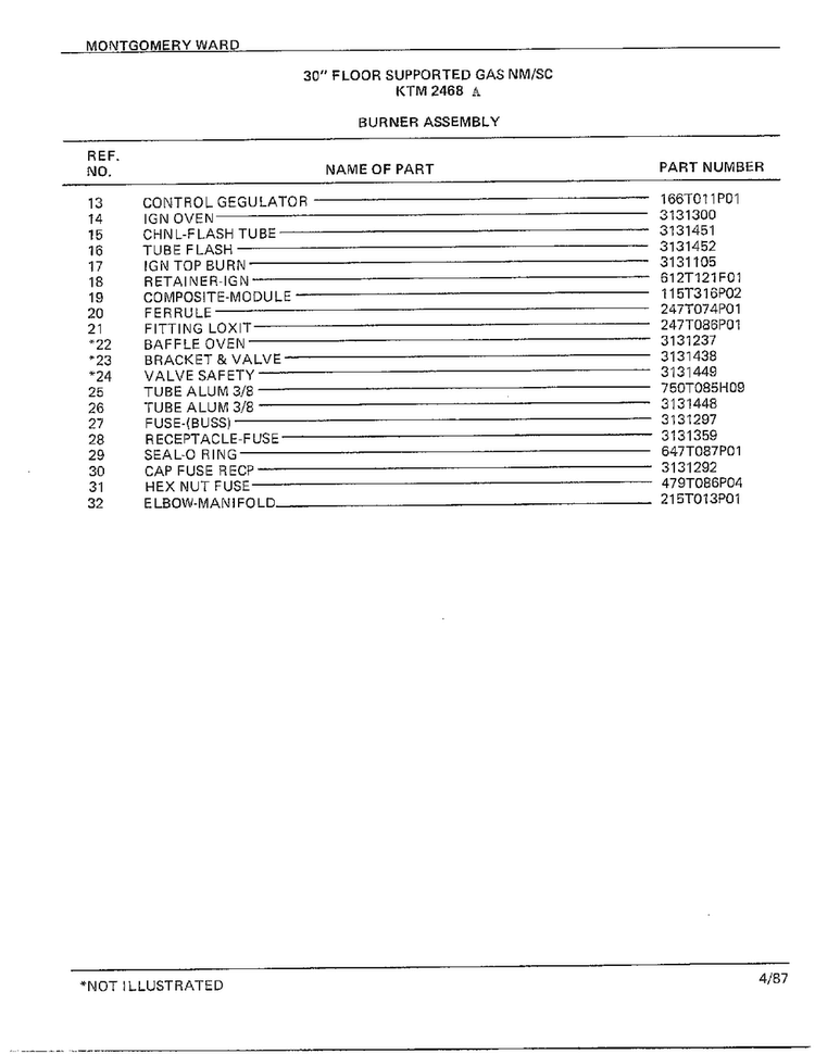 30" Floor/burner Assy Page 2 Diagram and Parts List for 2468A  Frigidaire Range