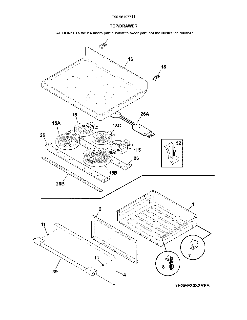 Top/drawer Diagram and Parts List for 79096197711  Kenmore Range