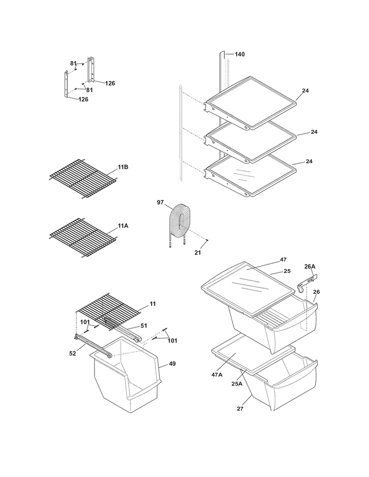 Shelves Diagram and Parts List for FFHS2622MSE  Frigidaire Refrigerator