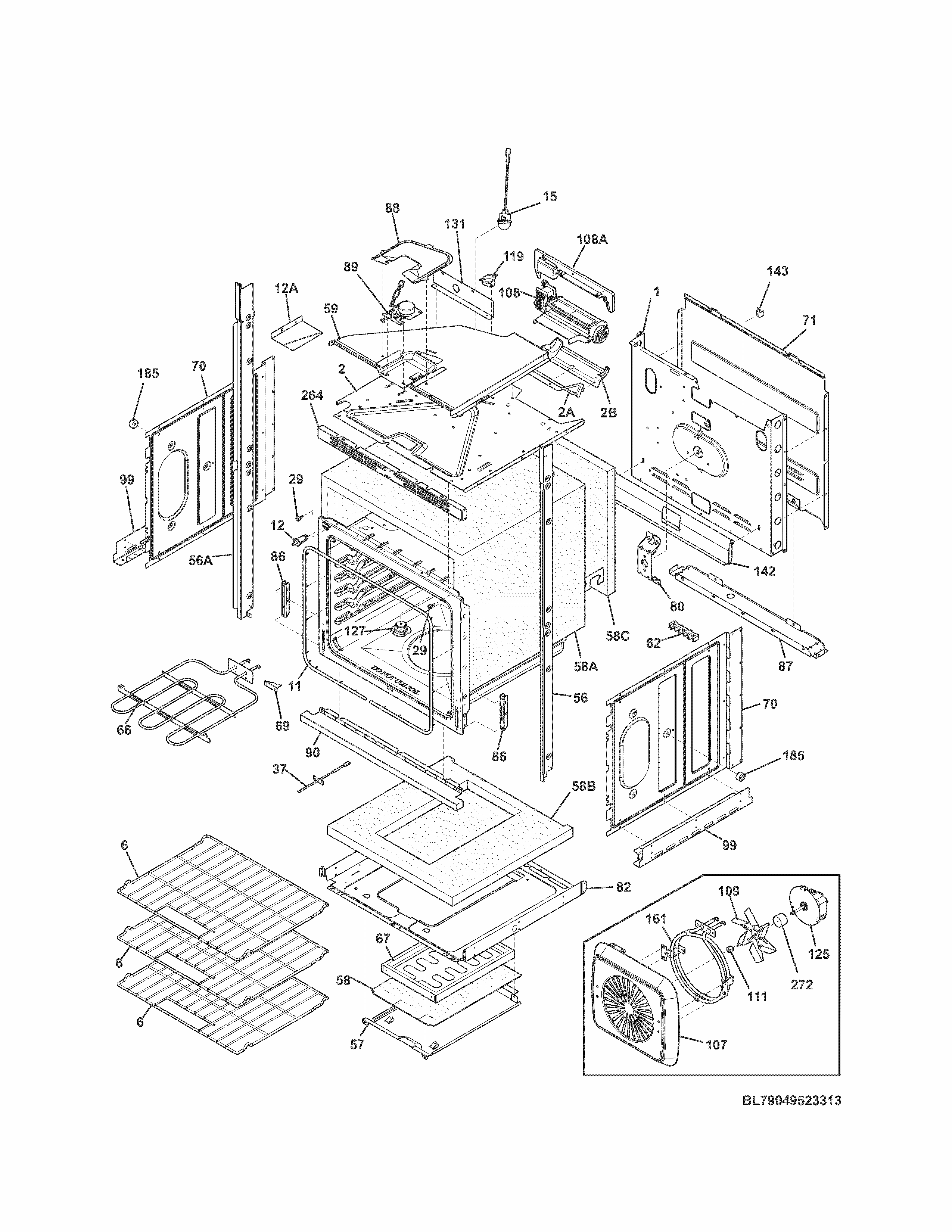 Lower Oven Diagram and Parts List for 79049523313  Kenmore Wall Oven