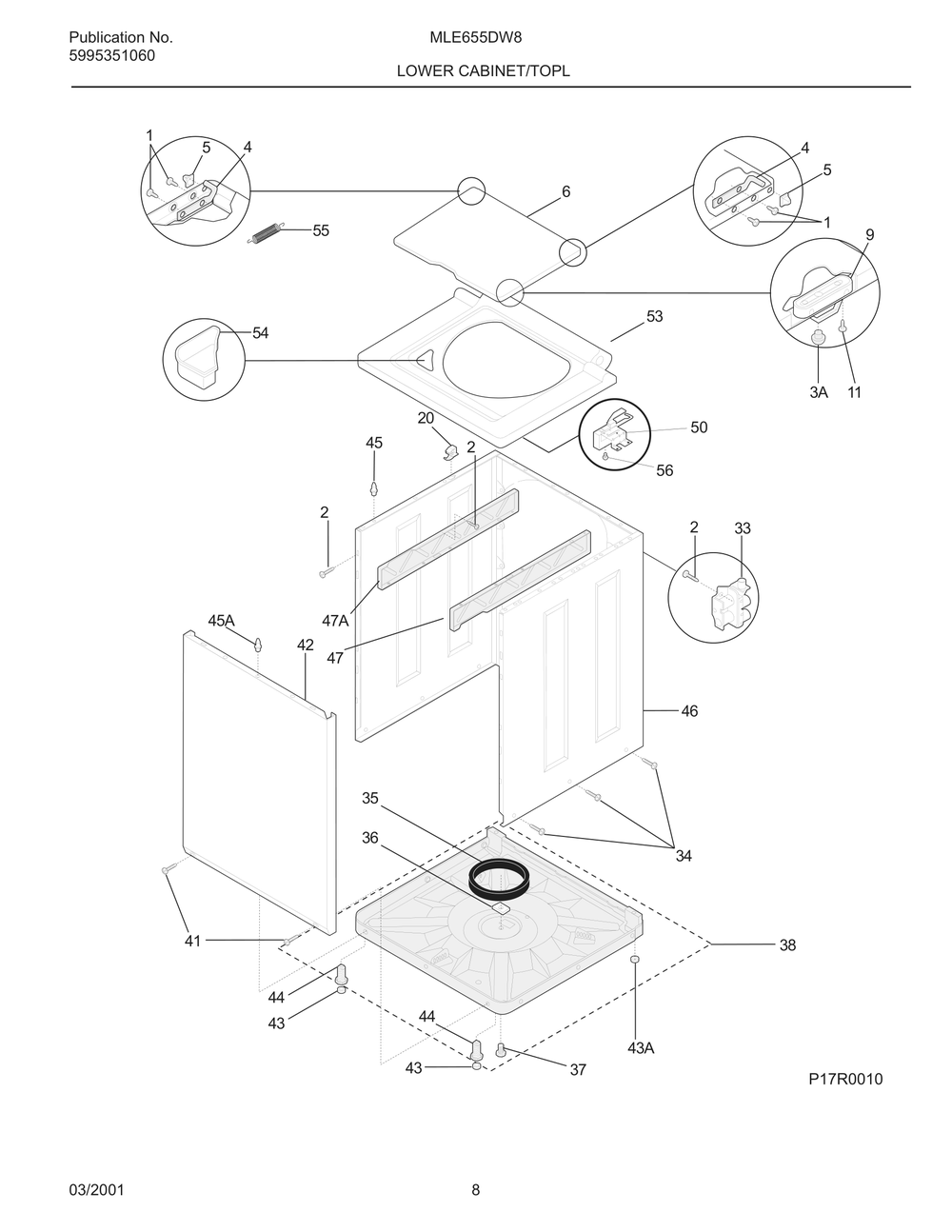 Lower Cabinet/Top Diagram and Parts List for MLE655DW8  Frigidaire Dryer