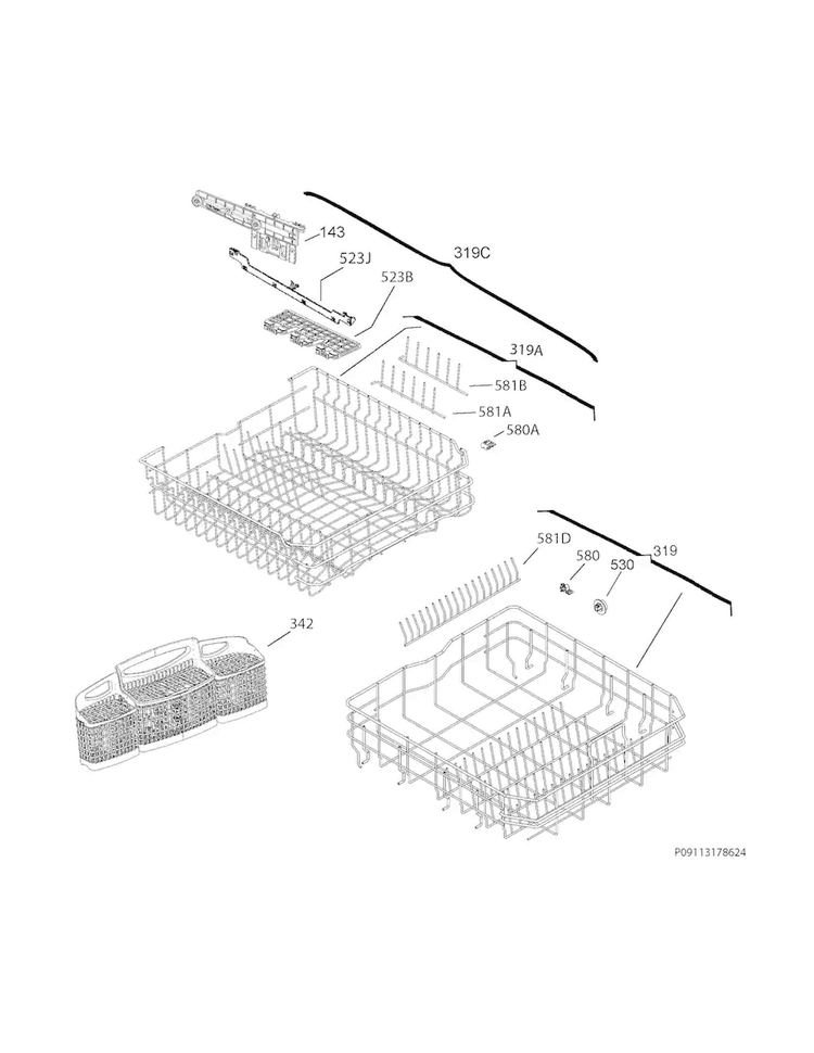 Racks Diagram and Parts List for FGCD2456QW0B  Frigidaire Dishwasher