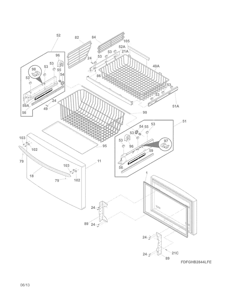 Freezer Drawer, Baskets Diagram and Parts List for FGHB2844LFE  Frigidaire Refrigerator