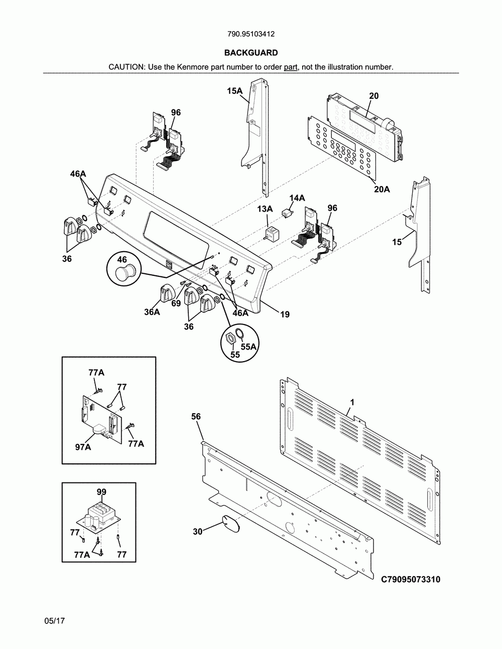 Backguard Diagram and Parts List for 79095103412  Kenmore Range