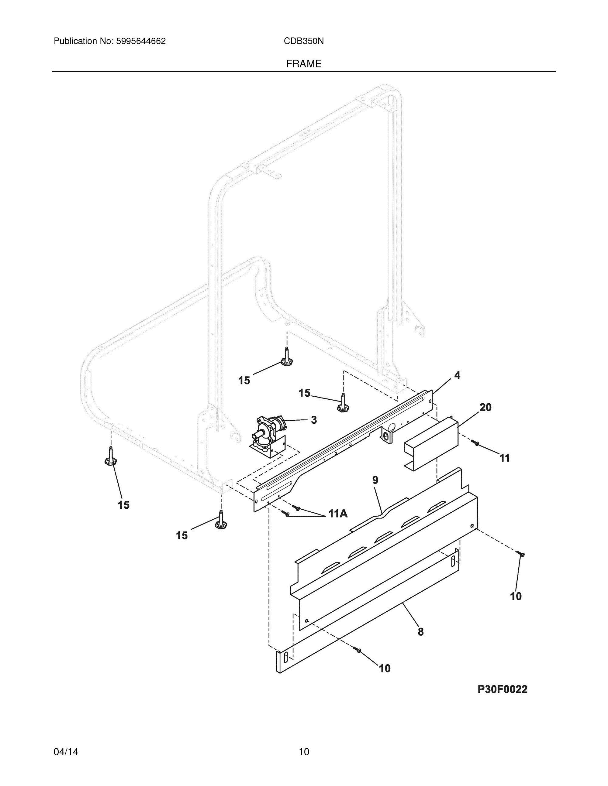 11 - FRAME Diagram and Parts List for CDB350NW1A  Frigidaire Dishwasher